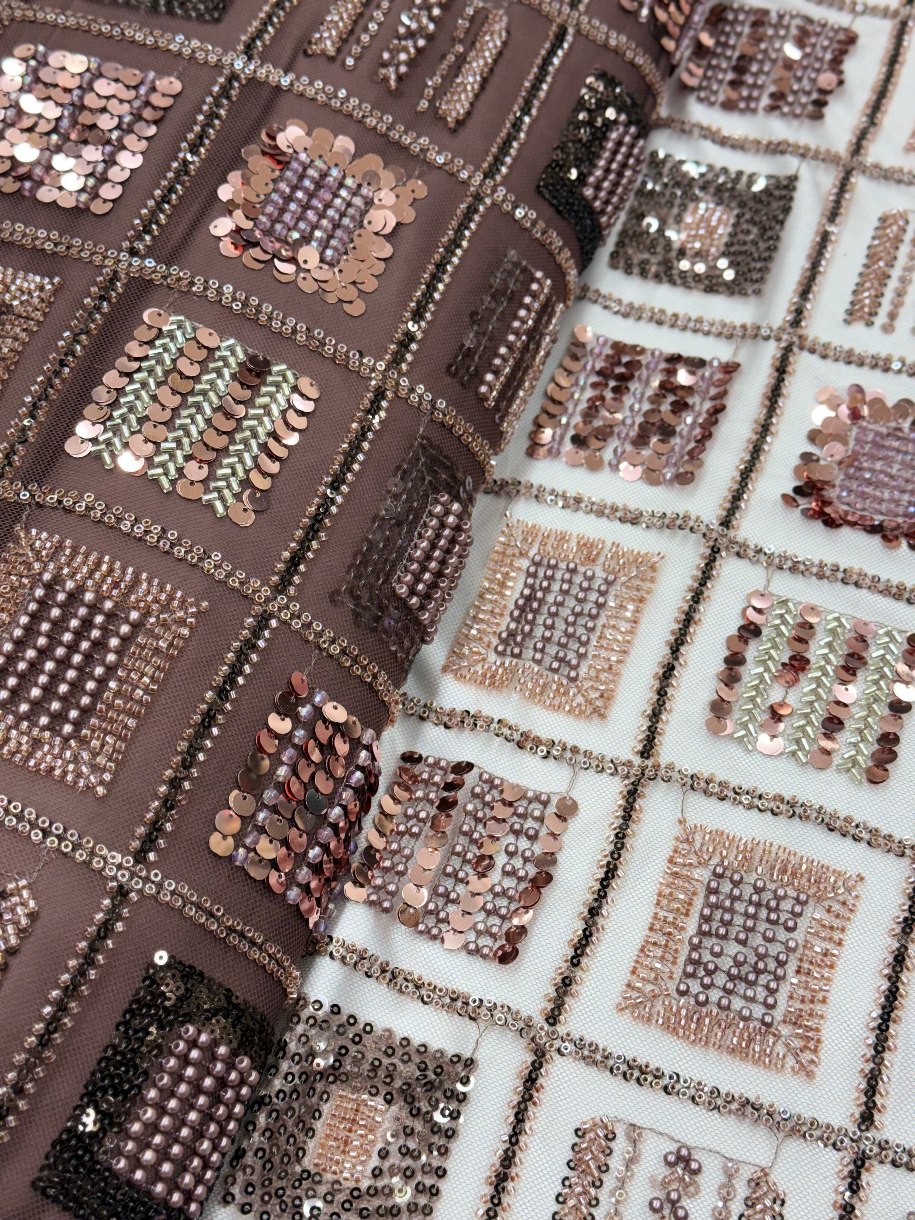 ROSEWOOD ROYALE GRID NET BEADSWORK FABRIC