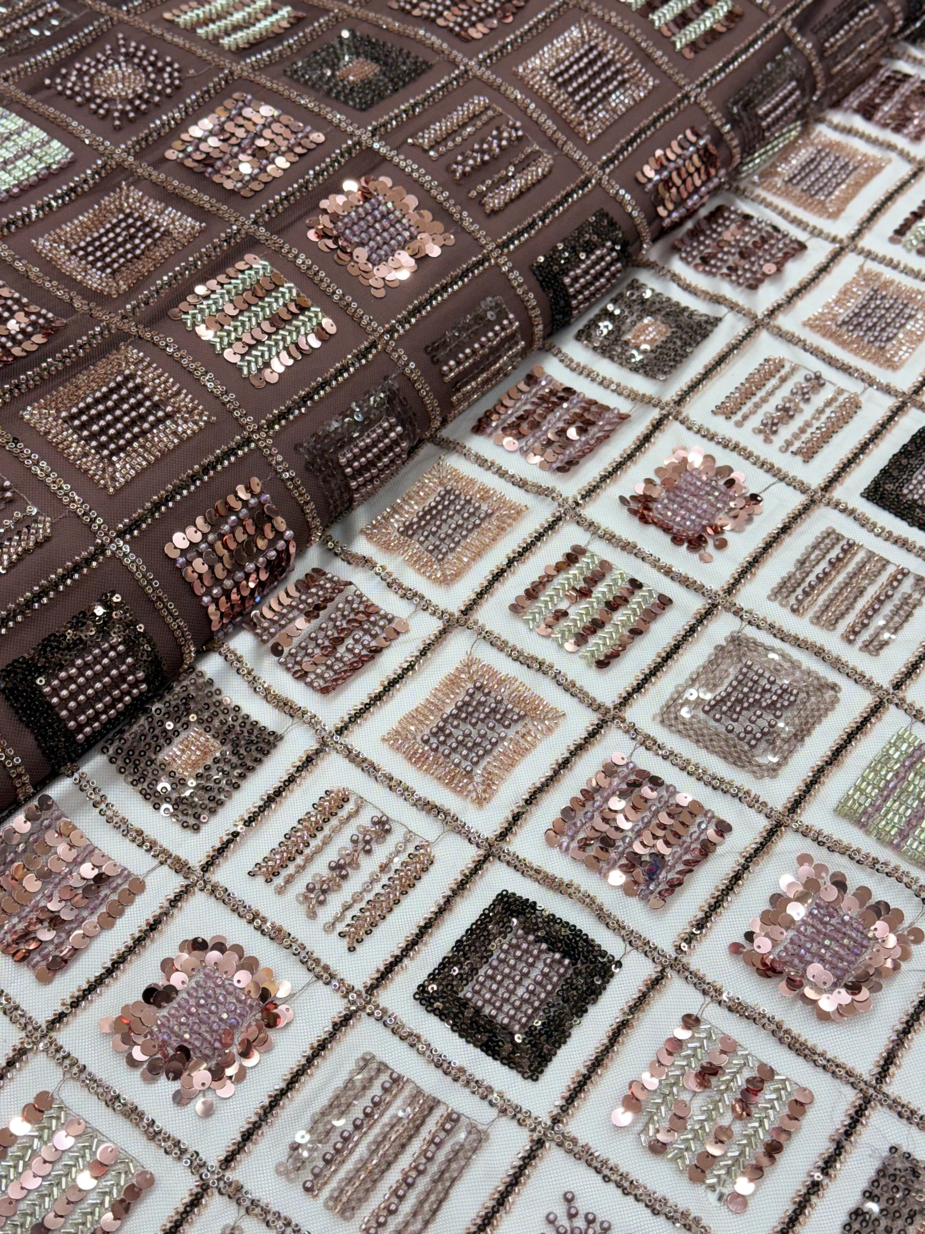 ROSEWOOD ROYALE GRID NET BEADSWORK FABRIC