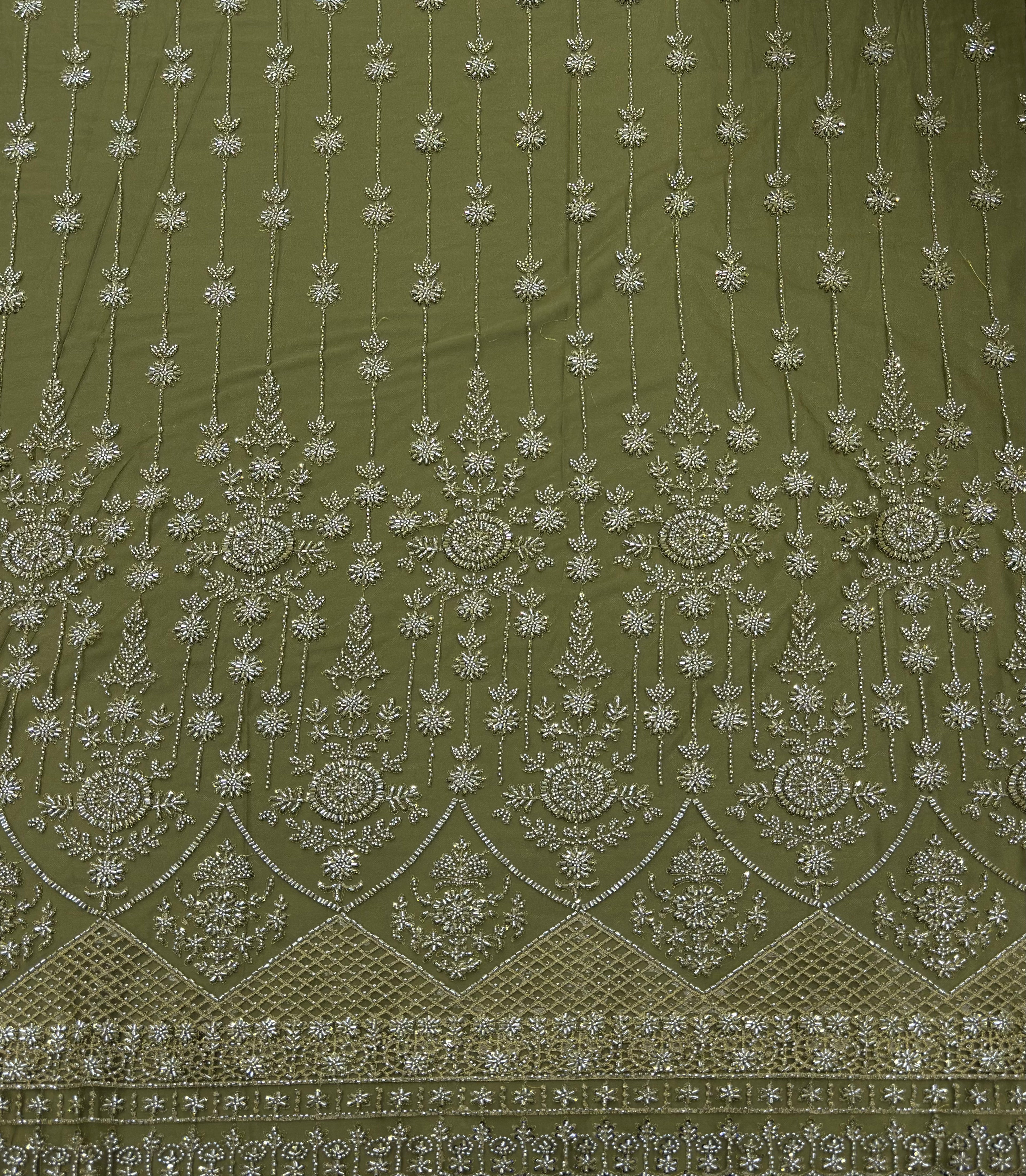 ANTIQUE SILVER MANDALA NET BEADSWORK FABRIC GREEN