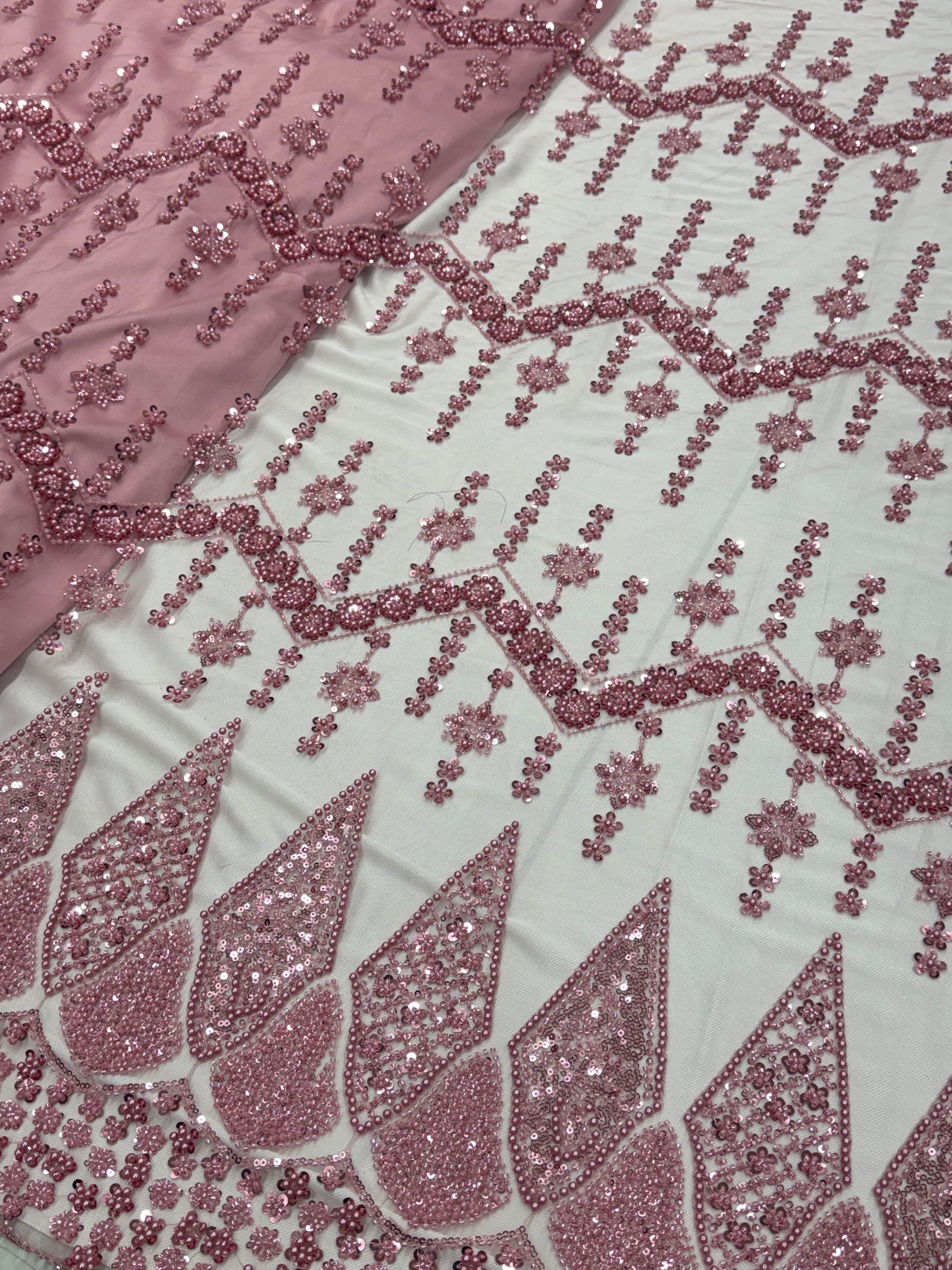 DIAMOND LATTICE NET BEADSWORK FABRIC PINK