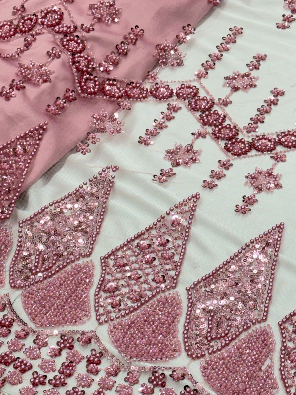 DIAMOND LATTICE NET BEADSWORK FABRIC PINK
