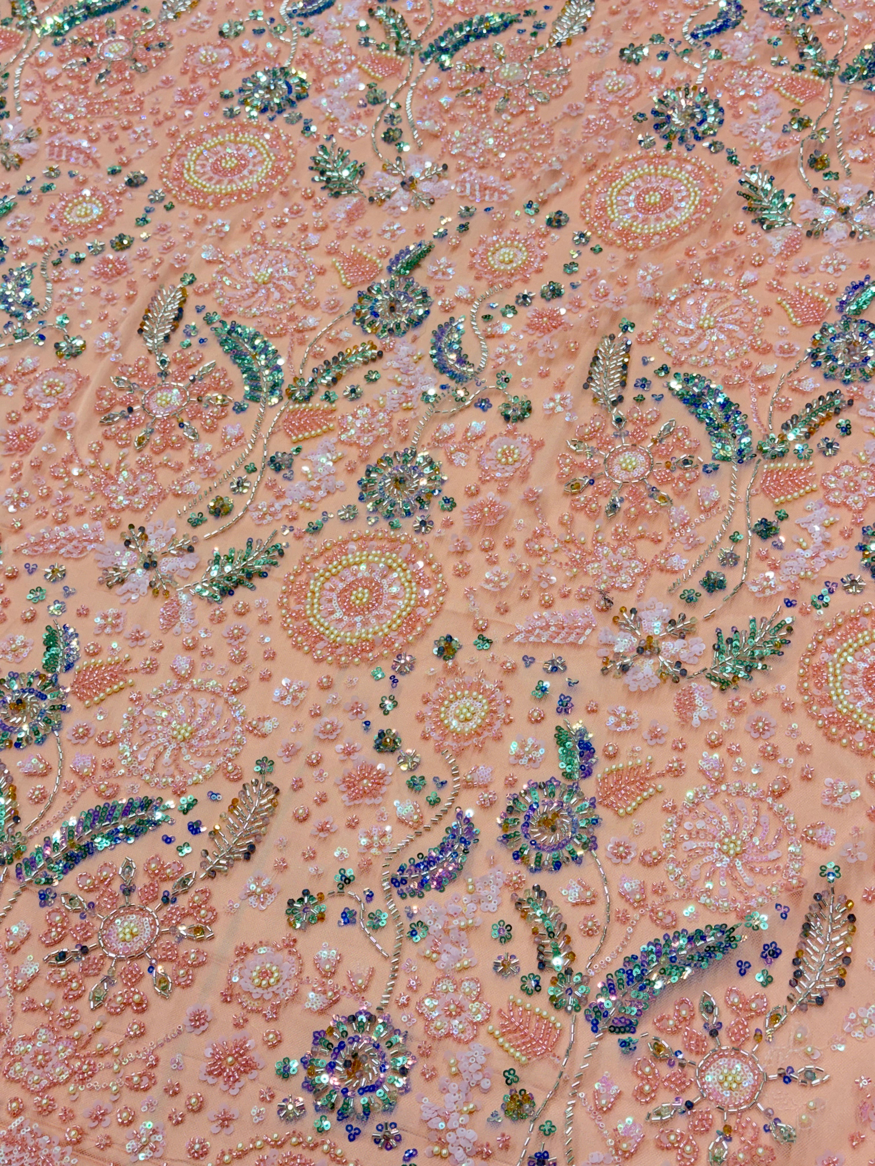 NOIR JEWEL GARDEN PEACH BEADSWORK FABRIC