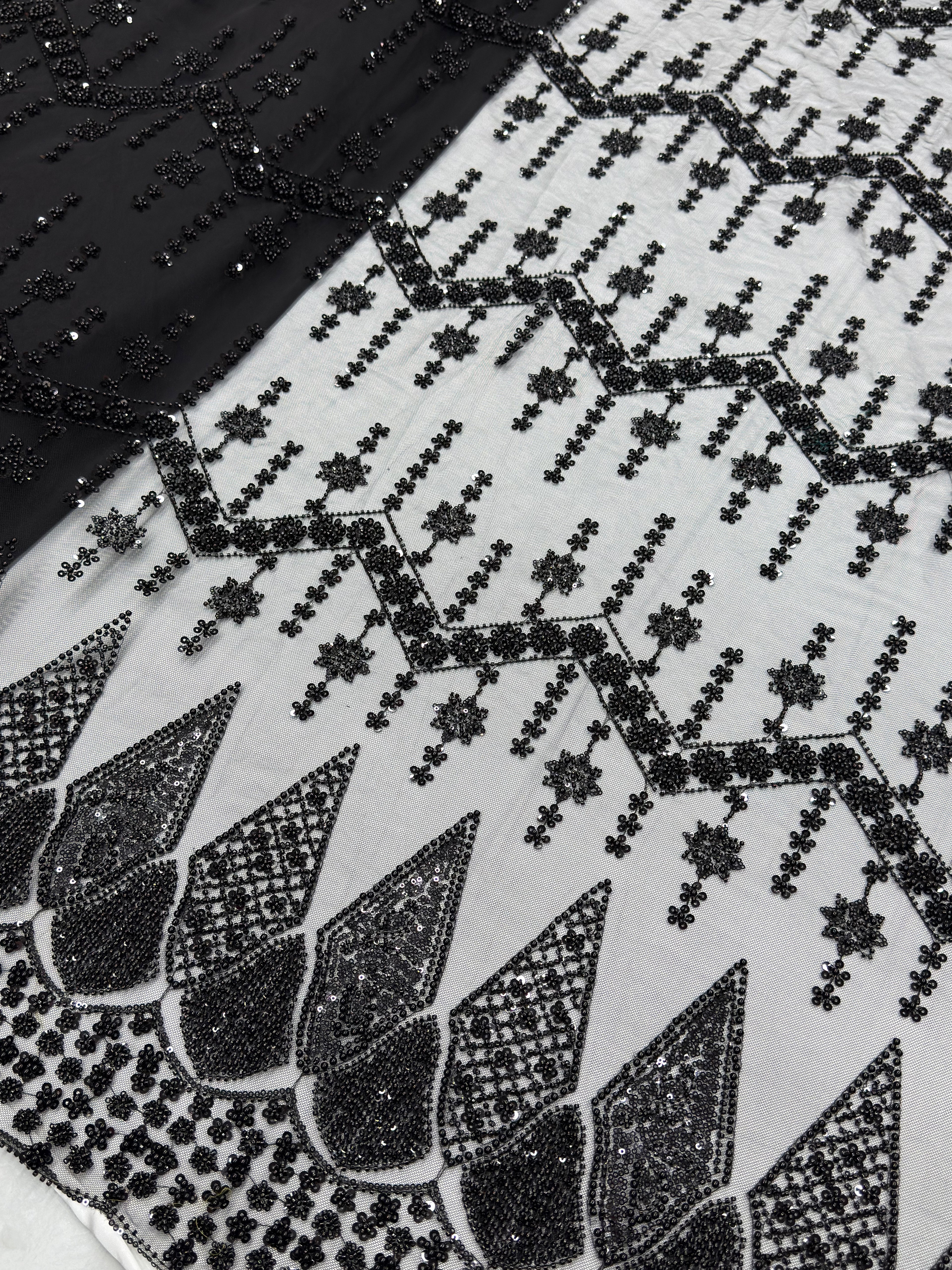 DIAMOND LATTICE NET BEADSWORK FABRIC BLACK
