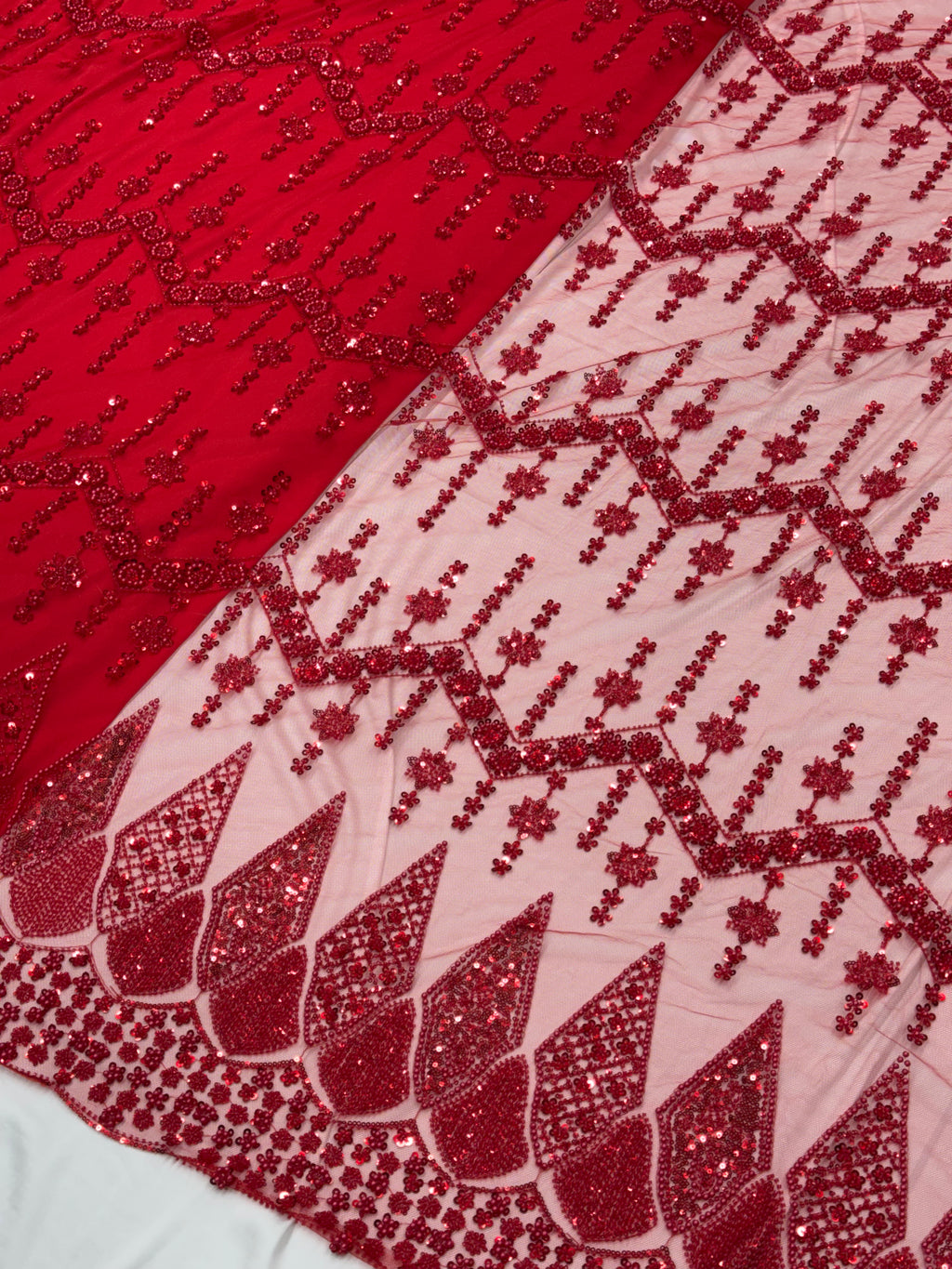DIAMOND LATTICE NET BEADSWORK FABRIC RED