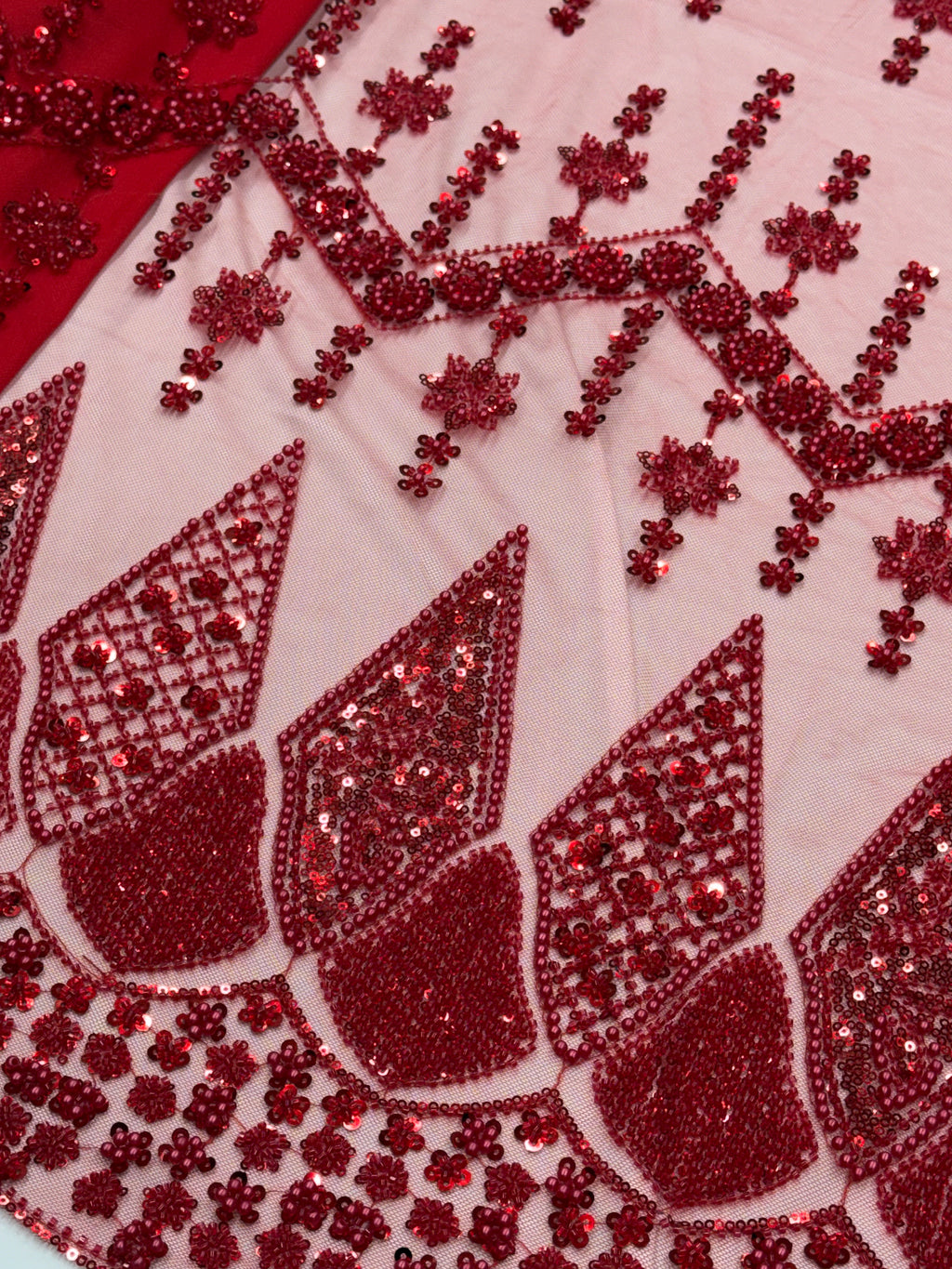 DIAMOND LATTICE NET BEADSWORK FABRIC RED