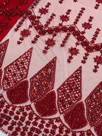 DIAMOND LATTICE NET BEADSWORK FABRIC RED