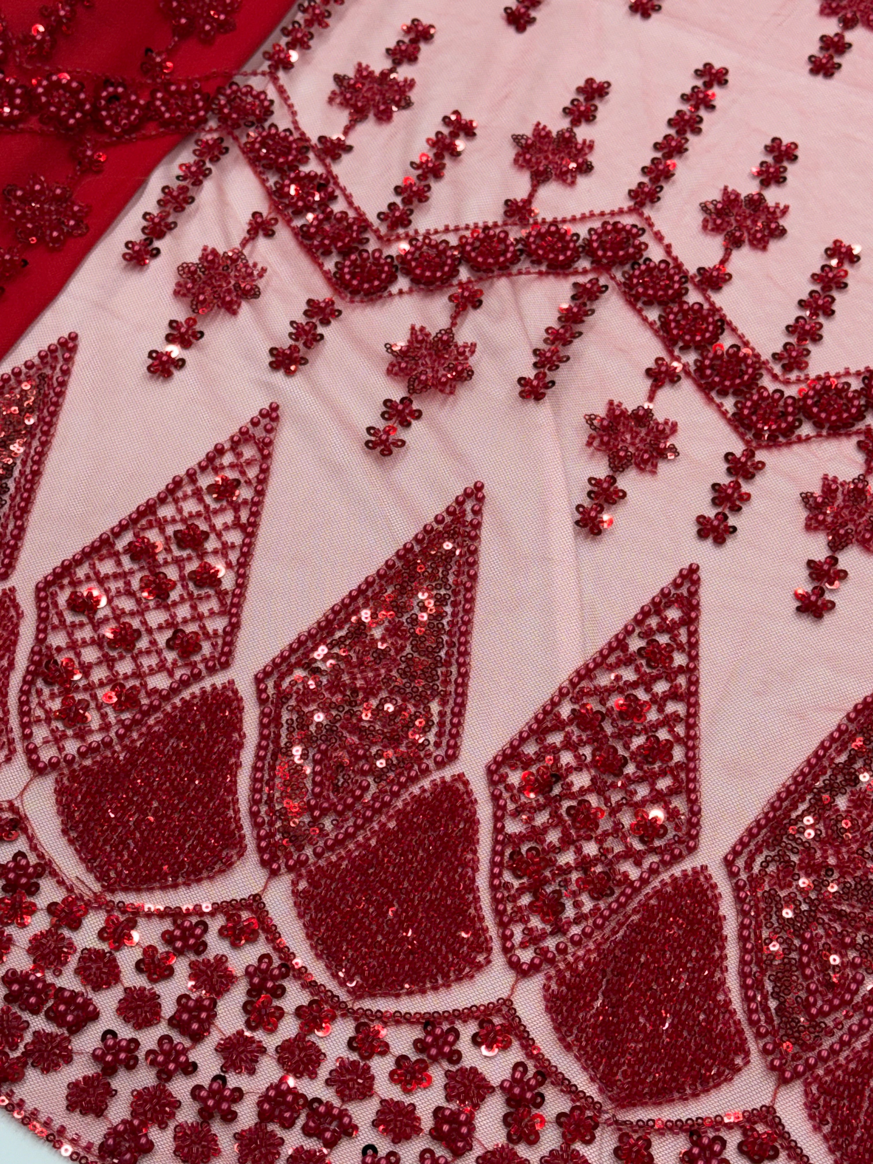 DIAMOND LATTICE NET BEADSWORK FABRIC RED