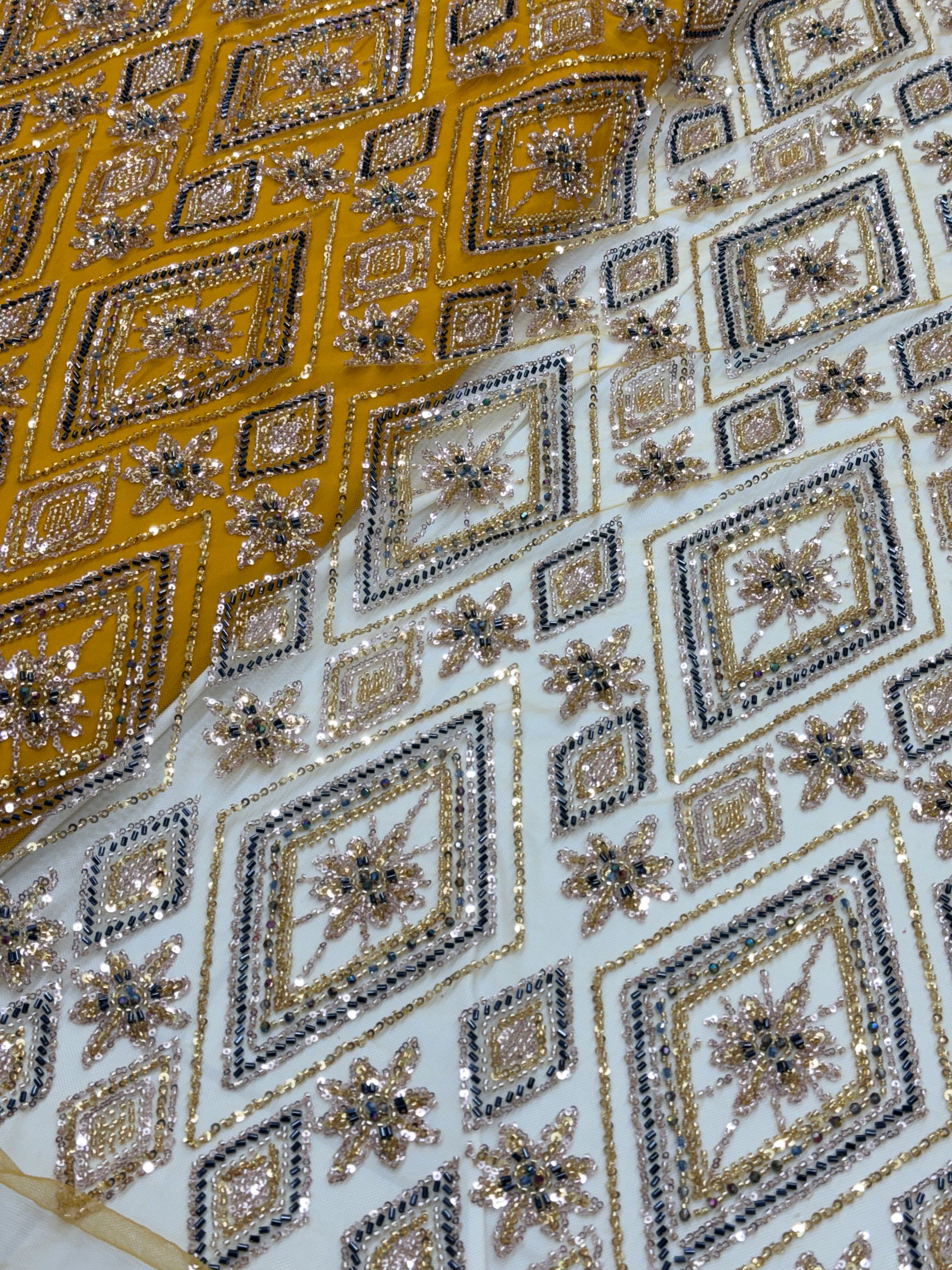 MARIGOLD PRISM NET BEADSWORK FABRIC MUSTARD