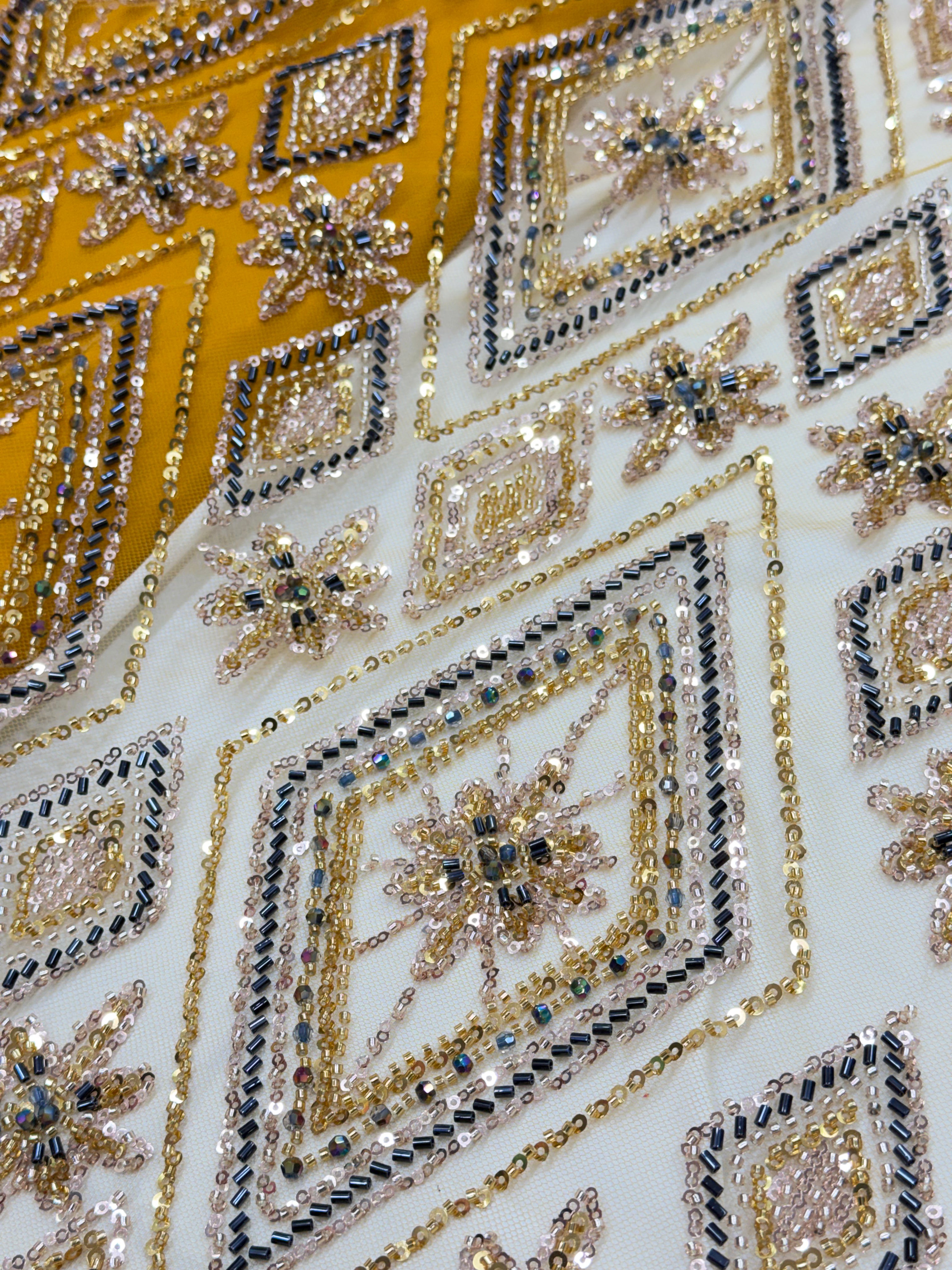 MARIGOLD PRISM NET BEADSWORK FABRIC MUSTARD