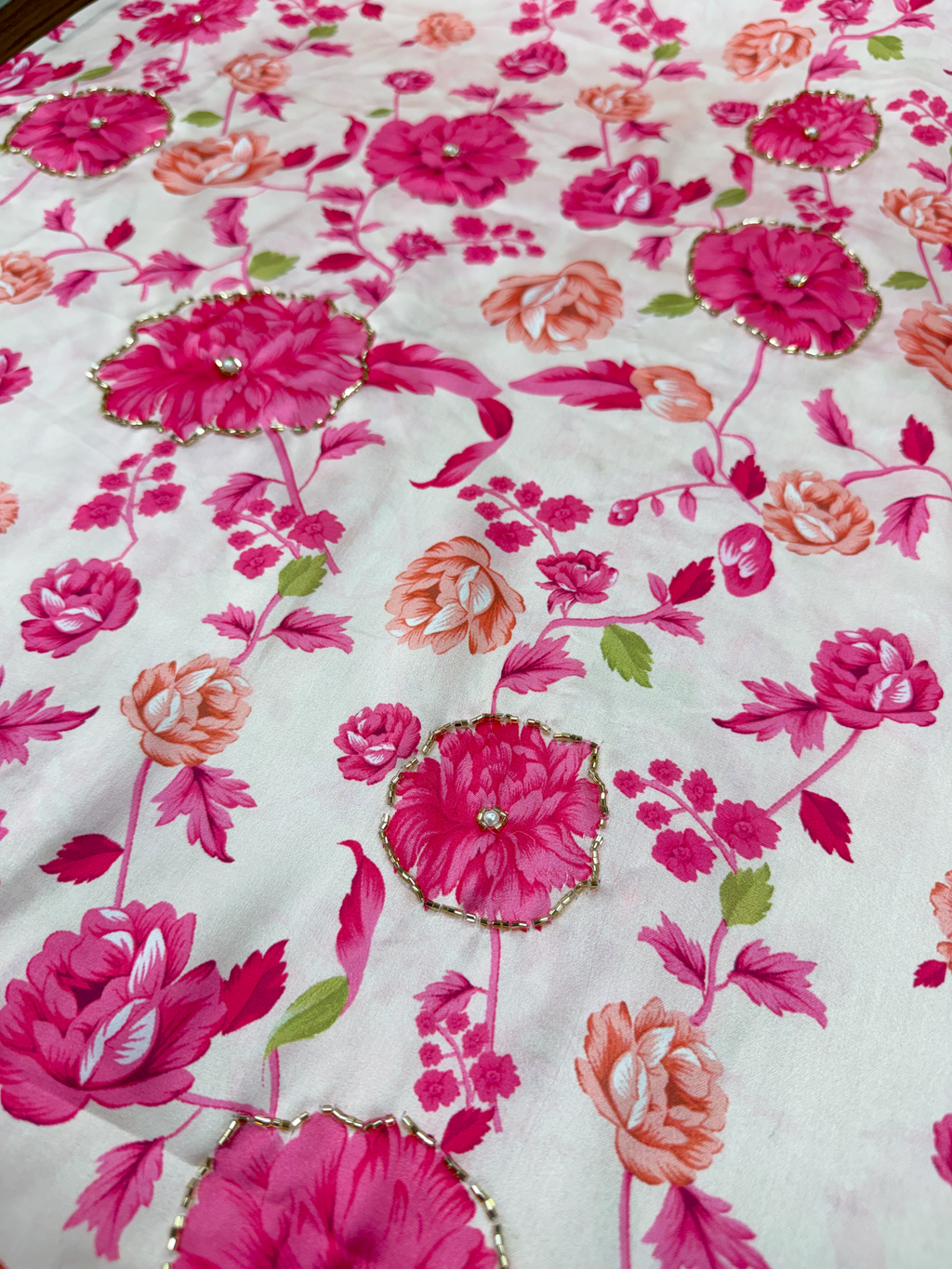 Magenta Meadow | Hand-Embellished Armani Satin