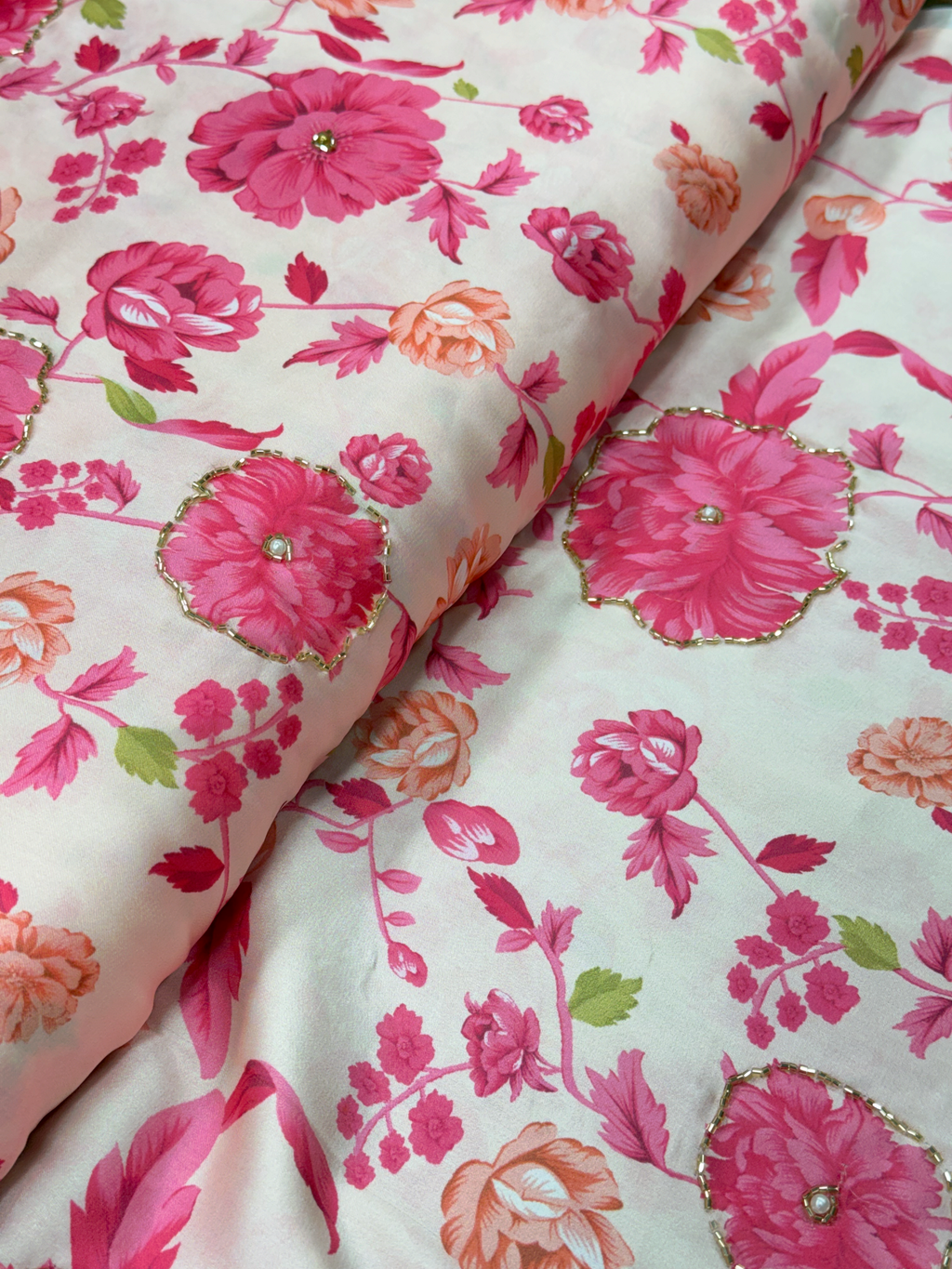 Magenta Meadow | Hand-Embellished Armani Satin