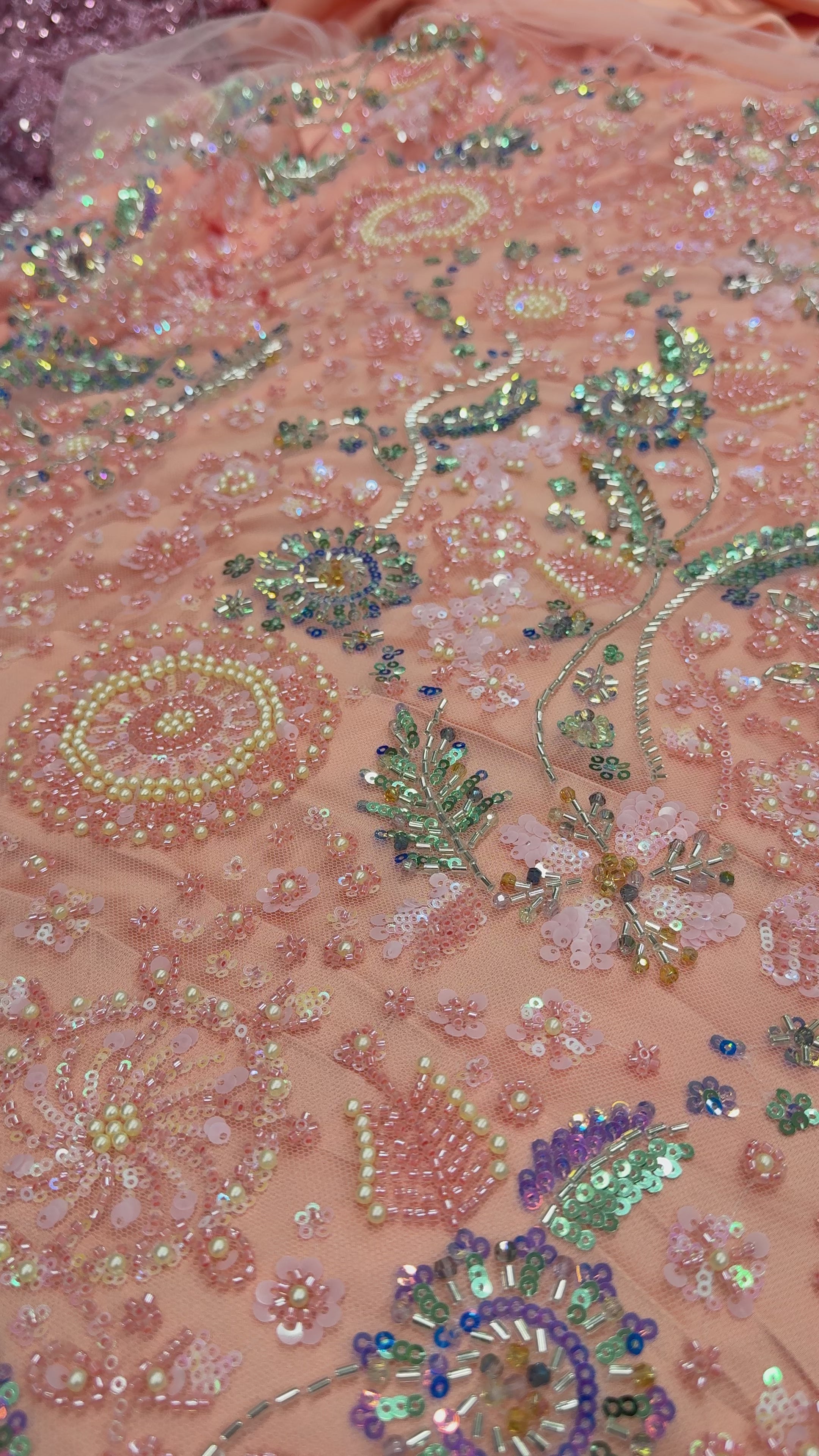 NOIR JEWEL GARDEN PEACH BEADSWORK FABRIC